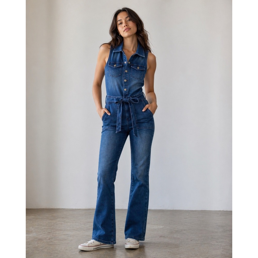 Rewash Brand Womens Sleeveless Denim Jumpsuit Dark Wash Flare Leg Blue Small